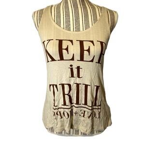 JC Fits Inc Tan “Keep It Trill” Love & Hope Graphic Sleeveless Tank Top Women Sm